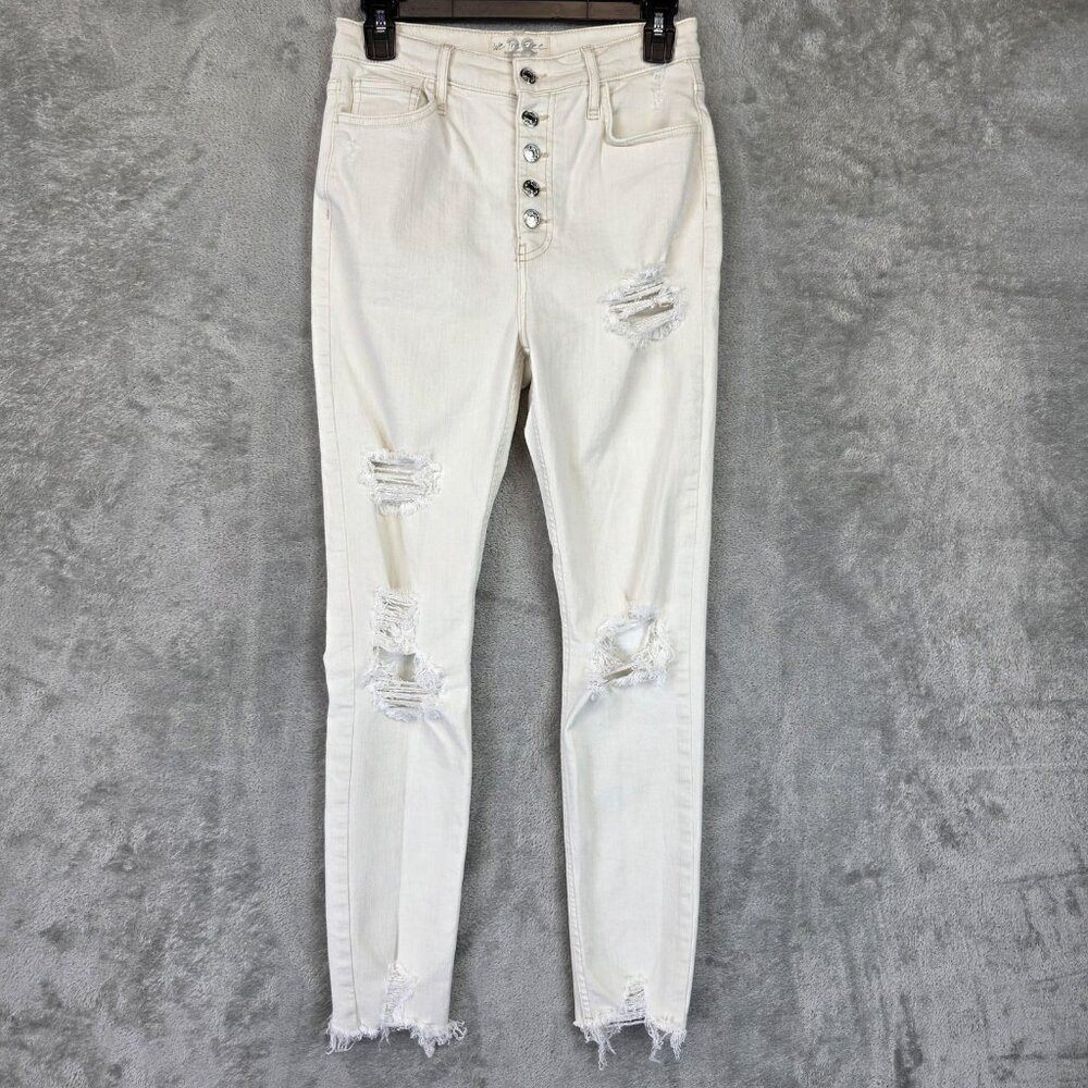 We The Free High Rise Skinny Jeans Womens 28 White Distressed Raw Hem Button Fly